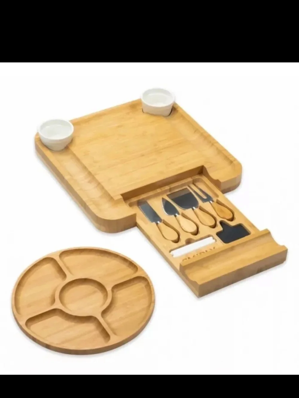 SMIRLY Bamboo Charcuterie Cheese Board Set with Utensils & Fruit Tray NIB
